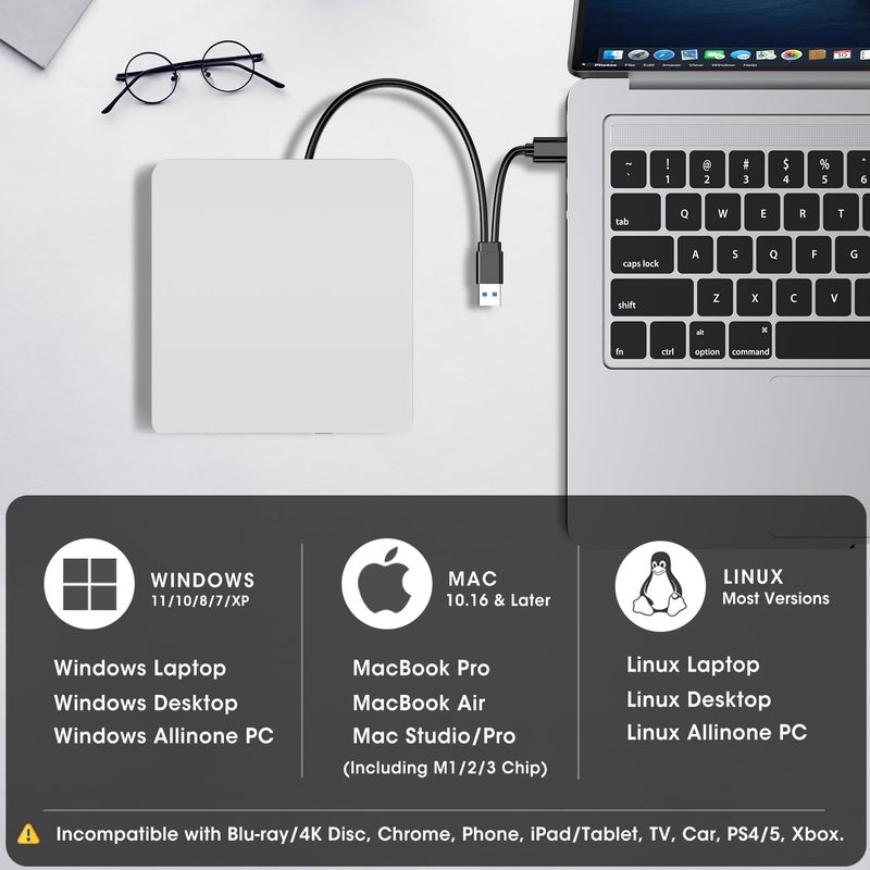 ROOFULL External CD DVD Drive for Mac Laptop, USB 3.0 & USB-C Portable CD Reader Writer Burner DVD Player ROM+/-RW Disc Drive with Carrying Case for Apple MacBook Windows 11 PC Computer, White - Image 4
