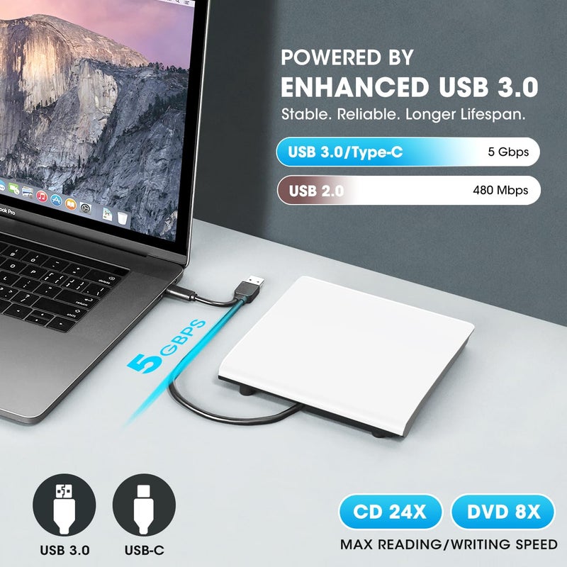 ROOFULL External CD DVD Drive for Mac Laptop, USB 3.0 & USB-C Portable CD Reader Writer Burner DVD Player ROM+/-RW Disc Drive with Carrying Case for Apple MacBook Windows 11 PC Computer, White - Image 3