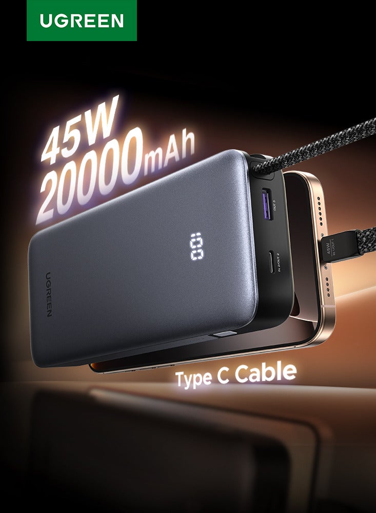 يو جرين شاحن متنقل بسعة 20000 مللي أمبير، بقوة 45 واط، مزود بكابل من النوع C مدمج، يدعم الشحن السريع، مزود بشاشة LED، يدعم الشحن ثنائي الاتجاه، متوافق مع هواتف سامسونج S26 وS25 ألترا، وآيفون 17 و16 برو ماكس، وآيباد. - Image 1