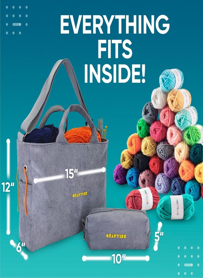CRAFTISS Crochet Bag Yarn Storage - Christmas Gift - Durable Corduroy Yarn Bag for Crochet Accessories - Organizer with Knitting Accessories Case (Grey) - Image 3