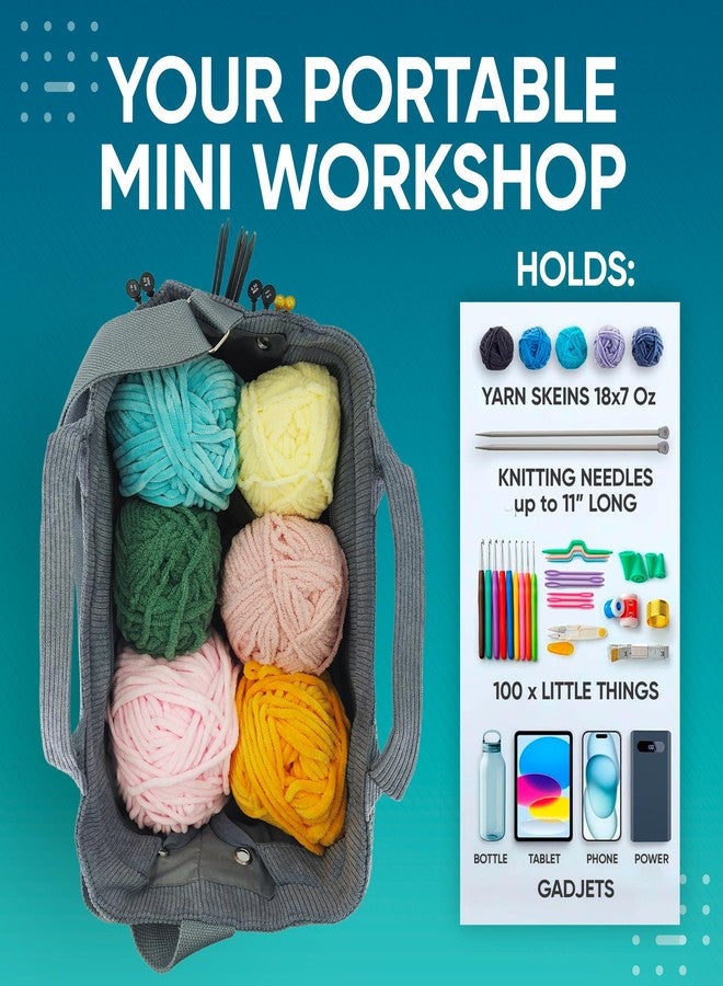 CRAFTISS Crochet Bag Yarn Storage - Christmas Gift - Durable Corduroy Yarn Bag for Crochet Accessories - Organizer with Knitting Accessories Case (Grey) - Image 2