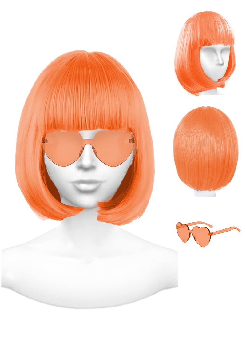 Excefore Featured Wigs with Party Sunglasses, Makeup Party Kit, Color Bob Wig, Cosplay Wigs and Party Wigs, Party Wigs Decorations Favors (Orange)  - Image 1