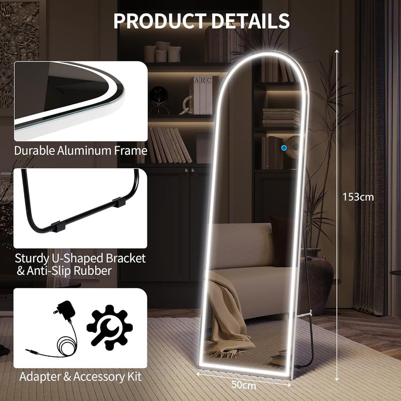 LVSOMT Bogen مرآة كاملة الطول مع إضاءة، 153 × 50 سم مرآة قائمة منحنية LED، مرآة حائط حديثة، مرآة قائمة كبيرة بدون إطار، مضيئة، مرآة قائمة لغرفة النوم، غرفة المعيشة مواد صلبة متانة - Image 2