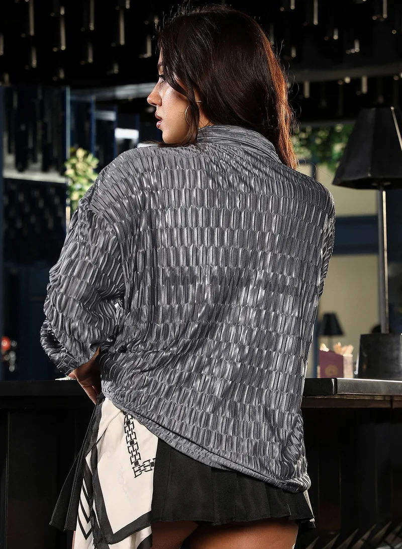 PINACOLADA  Women's Ash Grey Panel-Pleated Oversized Shirt | نساء | أكمام طويلة | سادة | طوق منتشر | كاجوال كبير الحجم | قميص for Women | Best Price UAE