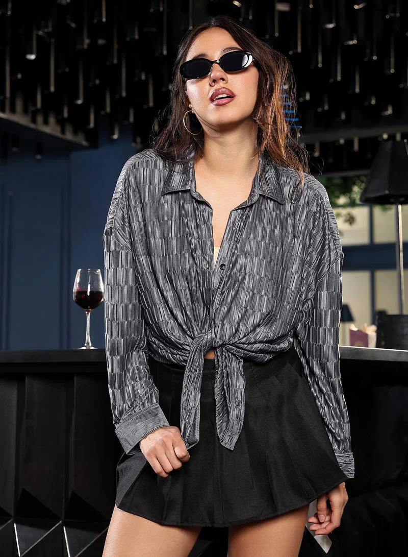 بينيا كولادا Women's Ash Grey Panel-Pleated Oversized Shirt | نساء | أكمام طويلة | سادة | طوق منتشر | كاجوال كبير الحجم | قميص