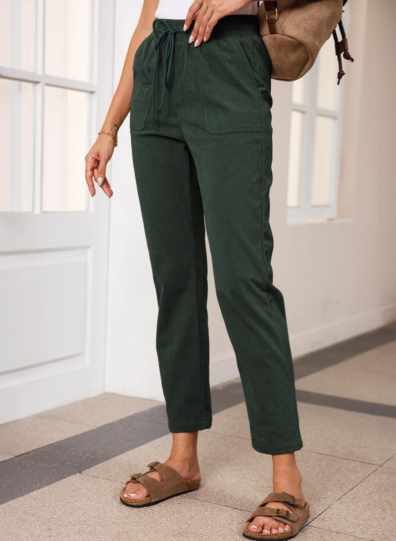 EVALESS Casual Corduroy Pants for Women Drawstring Elastic Waist Pants Spring 2026 Comfy Straight Leg Trousers with Pockets XX-Large B Green - Image 3