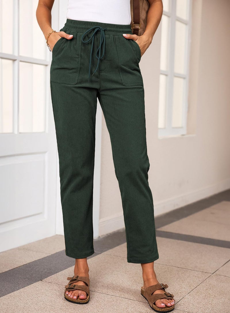 EVALESS Casual Corduroy Pants for Women Drawstring Elastic Waist Pants Spring 2026 Comfy Straight Leg Trousers with Pockets XX-Large B Green - Image 2