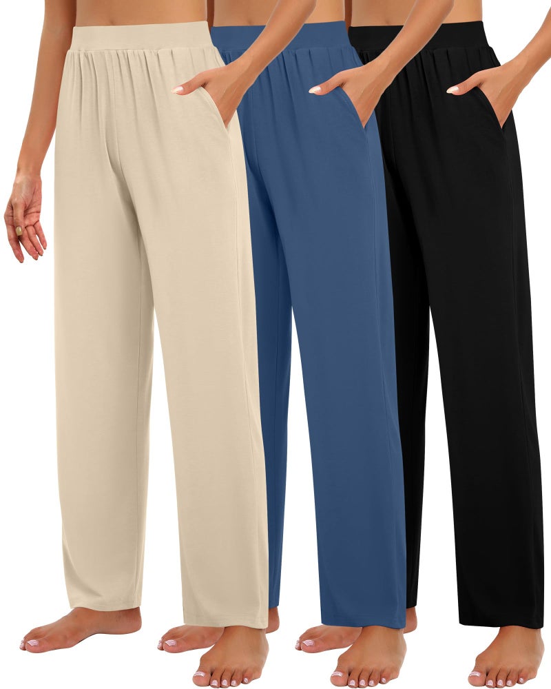 Huukeay 3 Pack Women's Lounge Pants, Cozy Wide Leg Lounge Slacks with Pockets Loose Flowy Yoga Sweatpant Workout Comfy Jogger(Black, Denim Blue, Apricot,X-Large) - Image 1