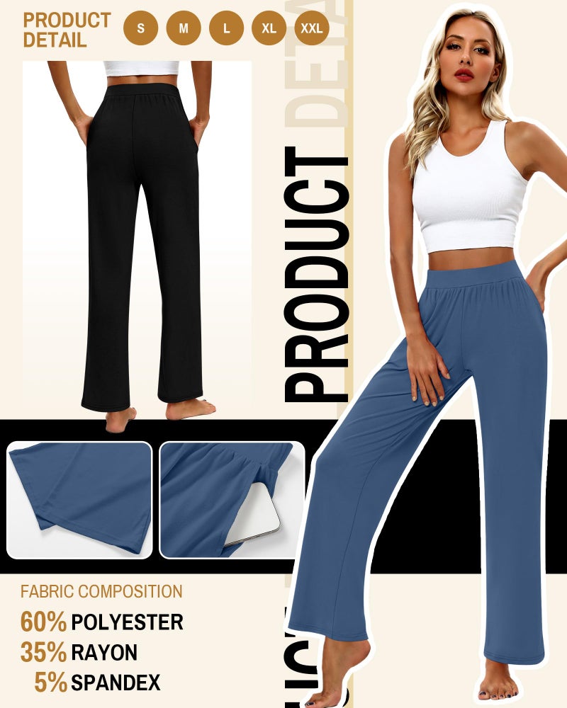 Huukeay 3 Pack Women's Lounge Pants, Cozy Wide Leg Lounge Slacks with Pockets Loose Flowy Yoga Sweatpant Workout Comfy Jogger(Black, Denim Blue, Apricot,X-Large) - Image 3