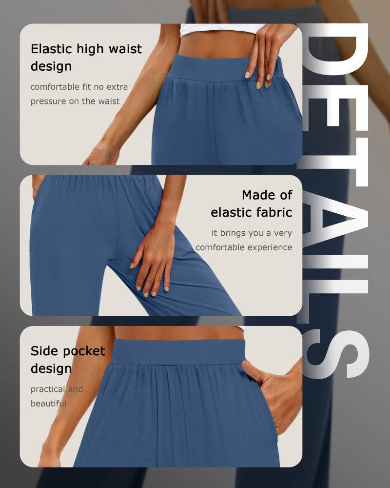 Huukeay 3 Pack Women's Lounge Pants, Cozy Wide Leg Lounge Slacks with Pockets Loose Flowy Yoga Sweatpant Workout Comfy Jogger(Black, Denim Blue, Apricot,X-Large) - Image 4