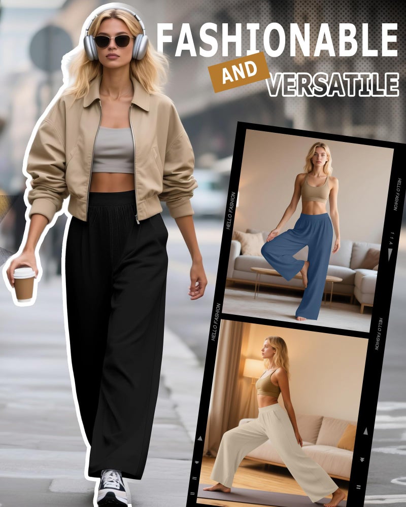 Huukeay 3 Pack Women's Lounge Pants, Cozy Wide Leg Lounge Slacks with Pockets Loose Flowy Yoga Sweatpant Workout Comfy Jogger(Black, Denim Blue, Apricot,X-Large) - Image 2