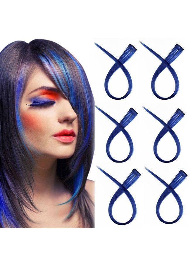 Funyn 18 Inch High light Clip in Human Hair Extensions Straight Clip on Highlights Hair Extensions 6 Pieces/set (Blue) - Image 1