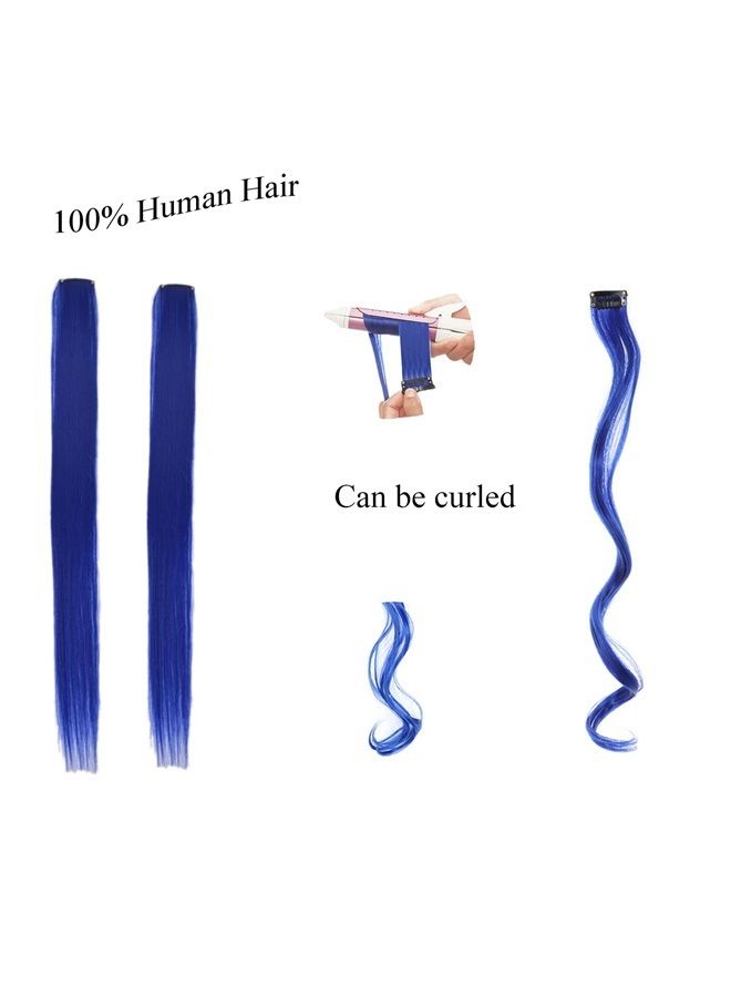 Funyn 18 Inch High light Clip in Human Hair Extensions Straight Clip on Highlights Hair Extensions 6 Pieces/set (Blue) - Image 4