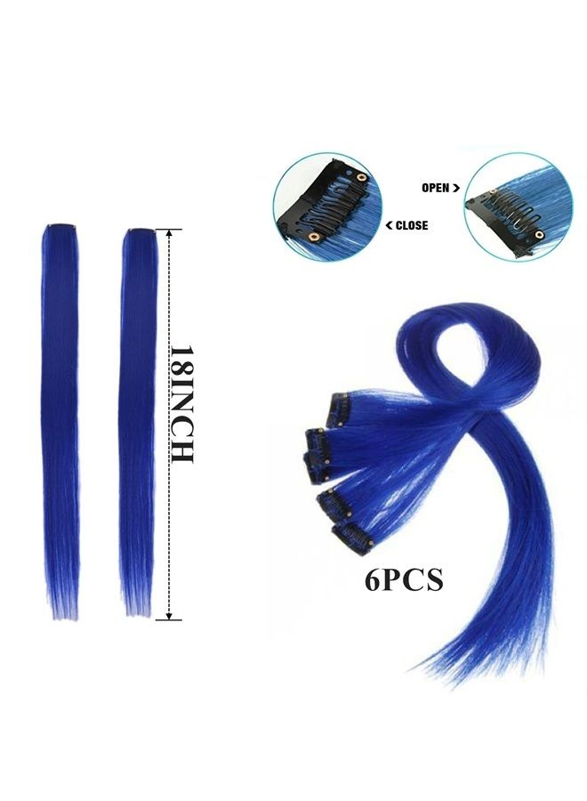 Funyn 18 Inch High light Clip in Human Hair Extensions Straight Clip on Highlights Hair Extensions 6 Pieces/set (Blue) - Image 3