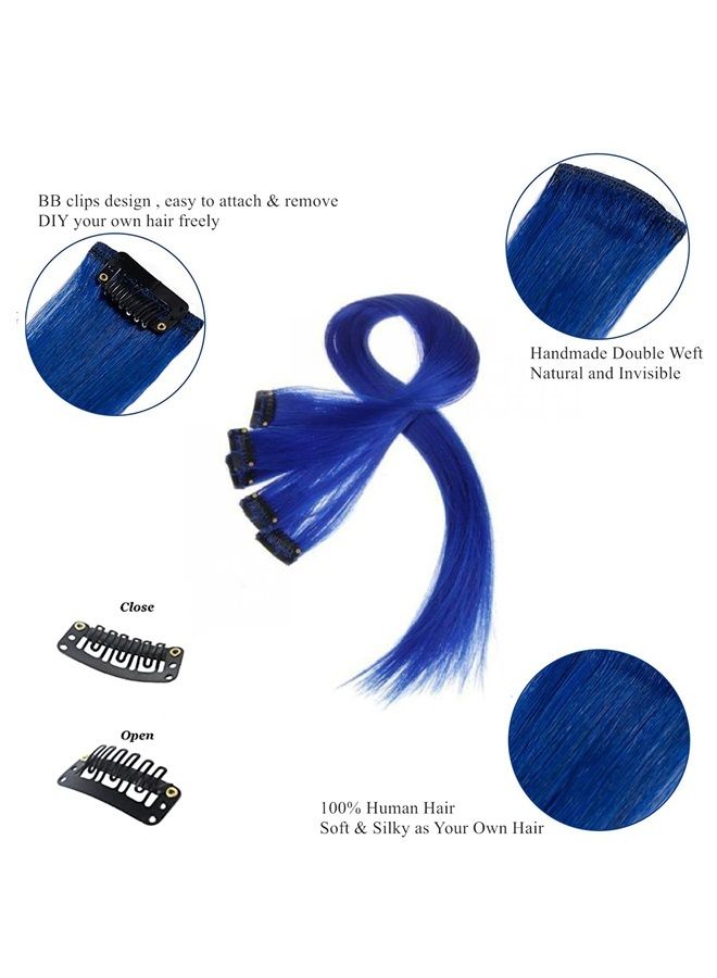 Funyn 18 Inch High light Clip in Human Hair Extensions Straight Clip on Highlights Hair Extensions 6 Pieces/set (Blue) - Image 5