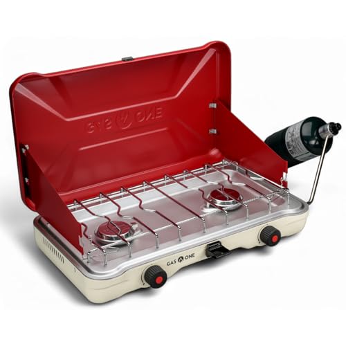 GasOne Portable Camping Stove – Double Propane Stove with Auto Twist Turn Ignition – 22,000 BTU Camping Cooktop with 2 Burners and Wind Guard – Ideal for Tailgating, Fishing, Travel, Red - Image 1