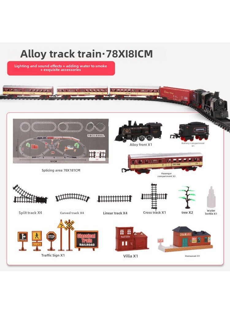 Alloy Steam Train Toy Set for Kids Alloy head +3 red passenger cars +7.1 m track 