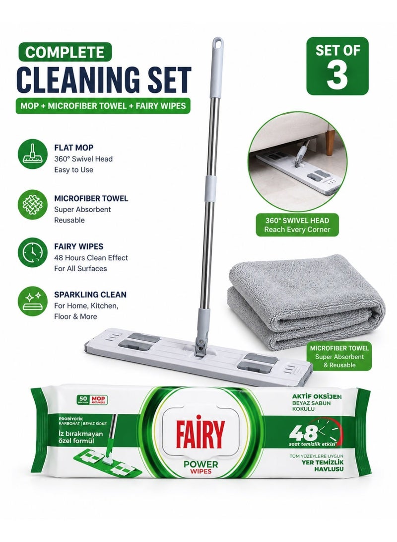 Fairy 3 in 1 Flat Mop Cleaning Set with Microfiber Towel & Fairy Power Wipes 50 Floor Wipes Packet – 360° Rotating Mop for Home, Kitchen & Floor Cleaning - Image 2
