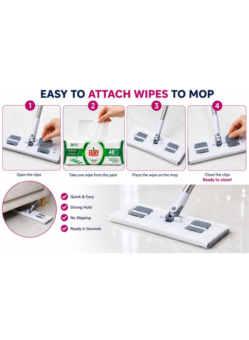 Fairy 3 in 1 Flat Mop Cleaning Set with Microfiber Towel & Fairy Power Wipes 50 Floor Wipes Packet – 360° Rotating Mop for Home, Kitchen & Floor Cleaning - Image 5