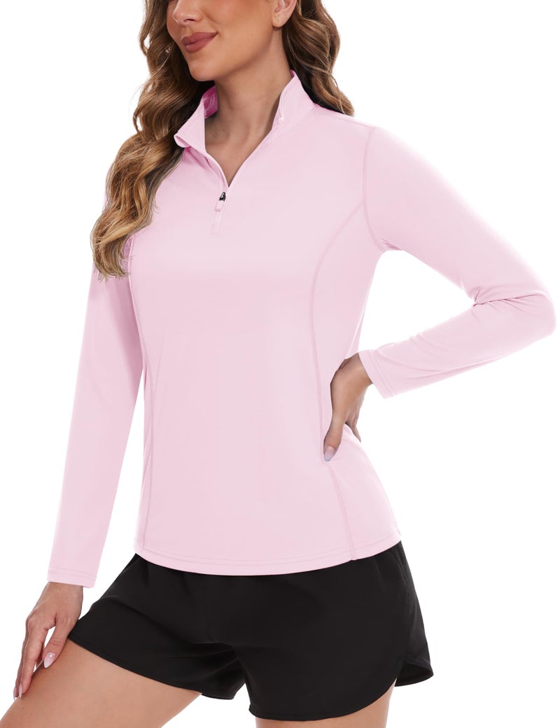 TACVASEN Women's Rash Guard Shirts Pink Workout Tops Long Sleeve Quarter Zip Pullover Womens UPF 50+ Golf Shirts, XL - Image 1