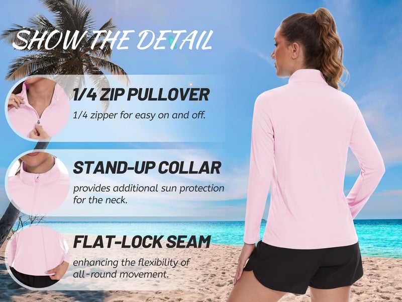 TACVASEN Women's Rash Guard Shirts Pink Workout Tops Long Sleeve Quarter Zip Pullover Womens UPF 50+ Golf Shirts, XL - Image 5