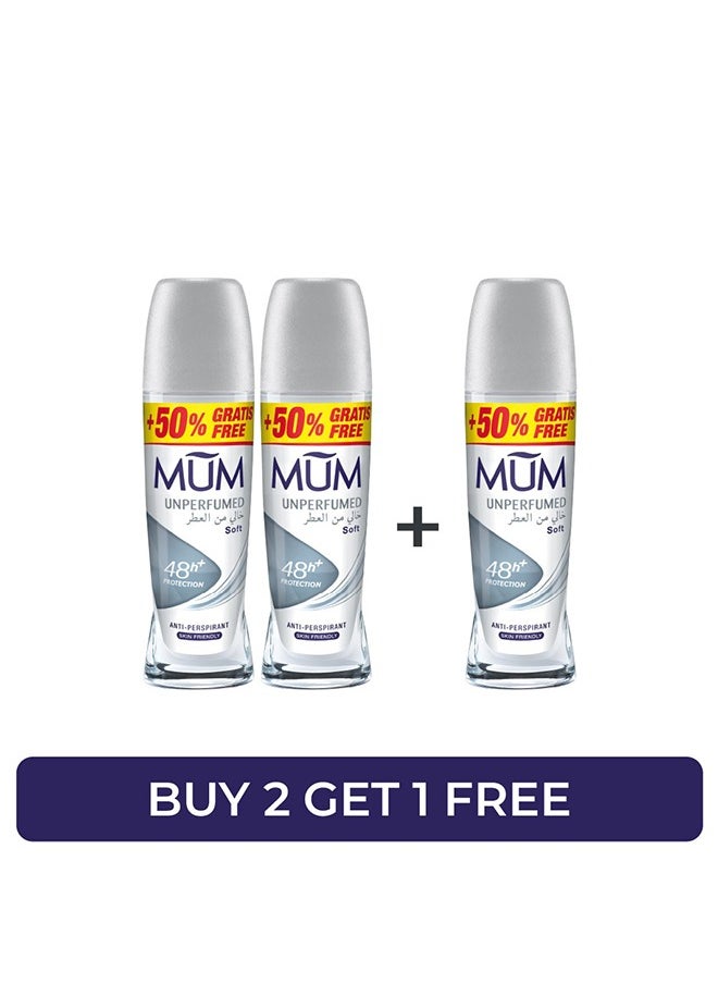 MUM - Deodorant Roll-On Unperfumed, Pack of 3, 75ml Each - Gentle and Effective Protection, Alcohol-Free, Ideal for Sensitive Skin - Image 1