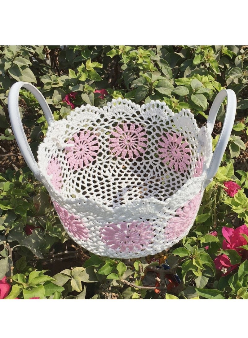 سلة لون أبيض ووردي فاتح من القطن الطبيعي متعددة الاستخدامات قياس 27 في 15 سم - Image 3