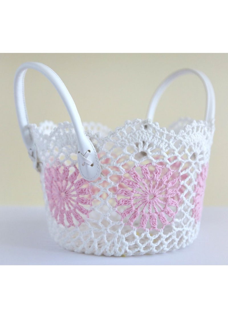 سلة لون أبيض ووردي فاتح من القطن الطبيعي متعددة الاستخدامات قياس 27 في 15 سم - Image 2