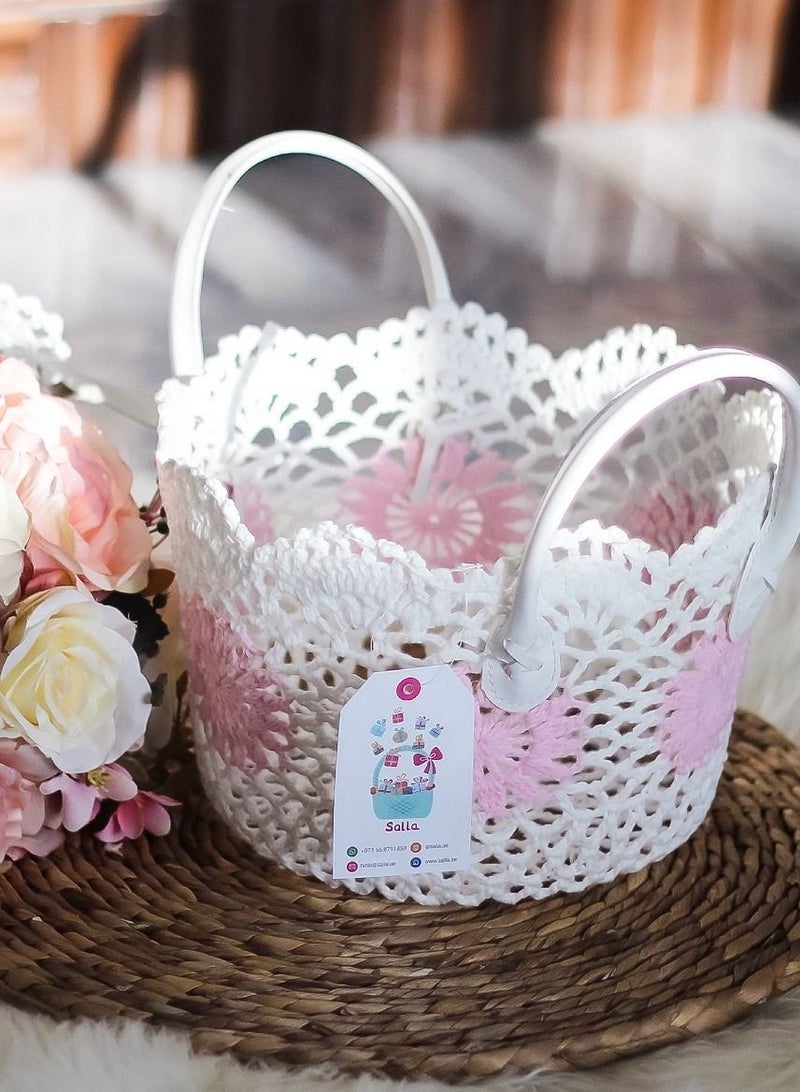 سلة لون أبيض ووردي فاتح من القطن الطبيعي متعددة الاستخدامات قياس 27 في 15 سم - Image 4