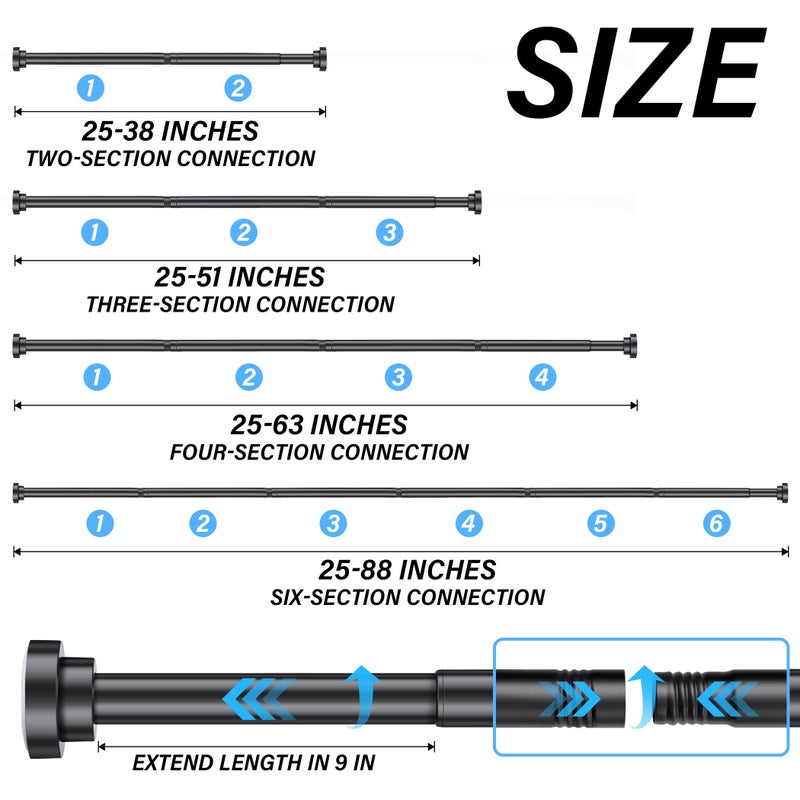 Suranew 25-63" Black Adjustable Spring Tension Shower Rod, No Drill Stainless Steel Rust-Resistant Heavy Duty Bathroom/Closet Rod - Image 2