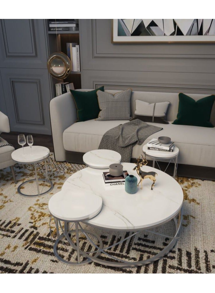 ZAHRAT ALFKHAMAH A luxurious modern design hospitality set, a large coffee table and four service tables, multi-use metal legs, iron coated with oven paint, and the shelf is made of wood and its shape is according to your choice, with the possibility of inserting service tables into the large table to take advantage of your space. - Image 1