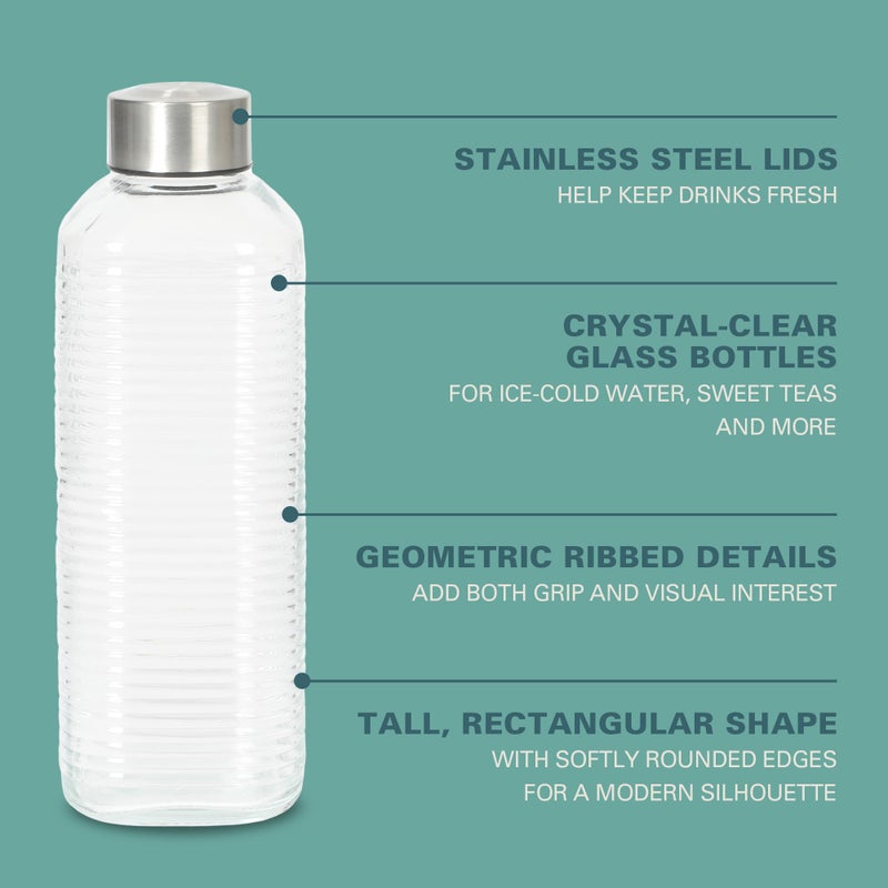 Gibson Home Aspen Heights 2 Pack 33 OZ (1 Liters) Large Embossed Reusable Glass Bottles w/Airtight Leakproof Stainless Steel Lid, Pitcher for Water, Milk, Juice - Dishwasher Safe - Image 3
