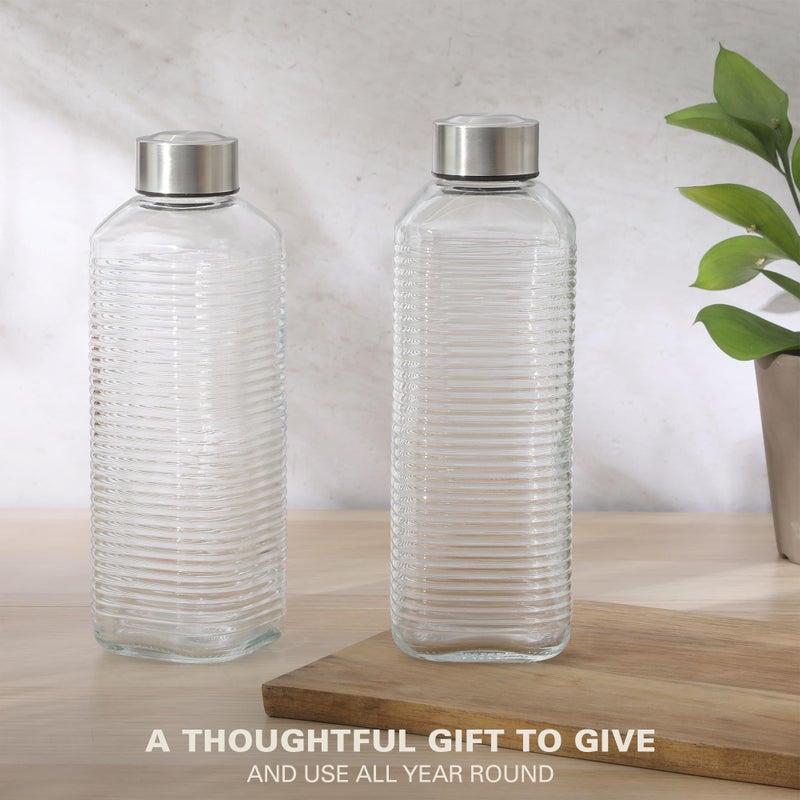 Gibson Home Aspen Heights 2 Pack 33 OZ (1 Liters) Large Embossed Reusable Glass Bottles w/Airtight Leakproof Stainless Steel Lid, Pitcher for Water, Milk, Juice - Dishwasher Safe - Image 4