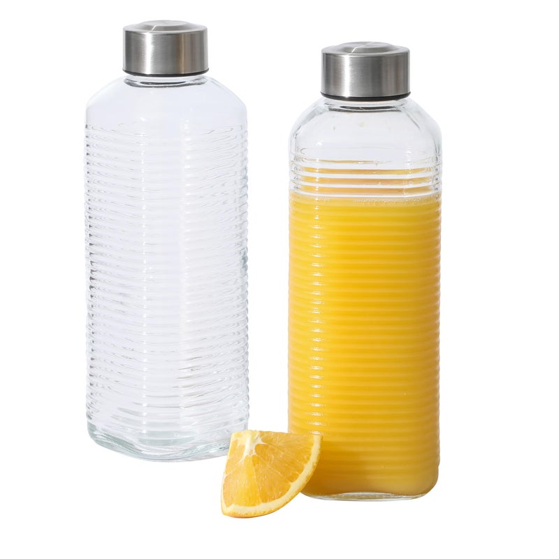 Gibson Home Aspen Heights 2 Pack 33 OZ (1 Liters) Large Embossed Reusable Glass Bottles w/Airtight Leakproof Stainless Steel Lid, Pitcher for Water, Milk, Juice - Dishwasher Safe - Image 1