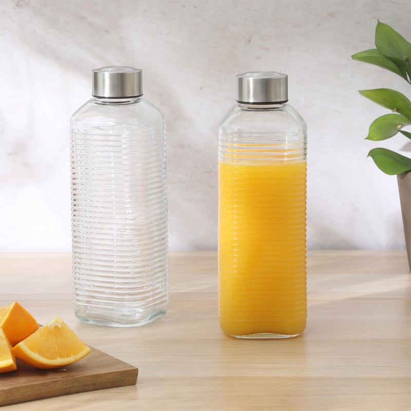 Gibson Home Aspen Heights 2 Pack 33 OZ (1 Liters) Large Embossed Reusable Glass Bottles w/Airtight Leakproof Stainless Steel Lid, Pitcher for Water, Milk, Juice - Dishwasher Safe - Image 5