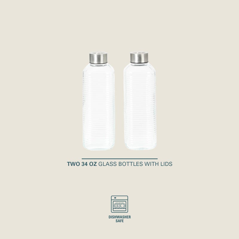 Gibson Home Aspen Heights 2 Pack 33 OZ (1 Liters) Large Embossed Reusable Glass Bottles w/Airtight Leakproof Stainless Steel Lid, Pitcher for Water, Milk, Juice - Dishwasher Safe - Image 2