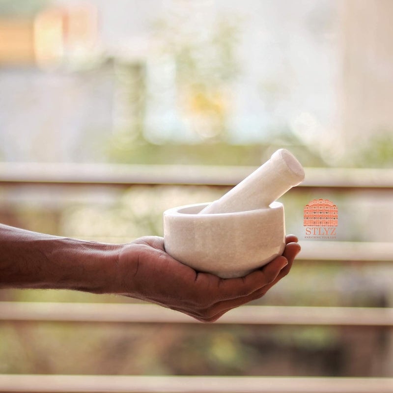 STLYZ طقم مدقة وهاون إمام داتا من الجرانيت الرخامي الأبيض أوكلي موسال خرالخلباتا أو طقم الخلاط والطاحونة للمطبخ الأبيض 4x3 إنش - Image 4