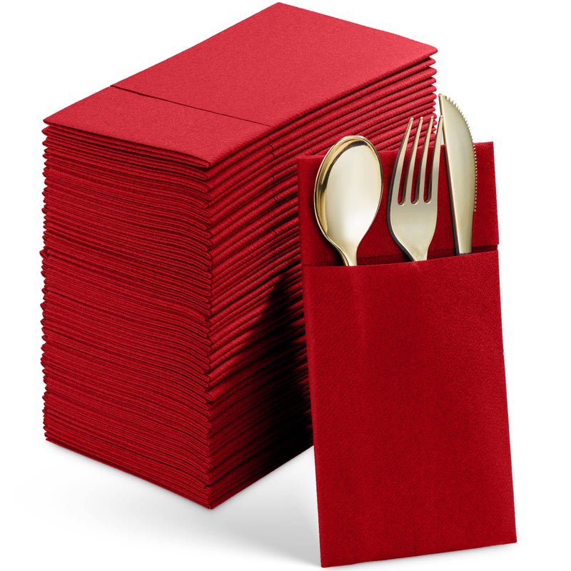 Servietto 50-Pack Disposable Linen-Feel Dinner Napkins With Built-in Flatware Pocket  RED Prefolded Cloth Like Paper Napkins For Christmas  Wedding  Dinner Or Party - Image 1