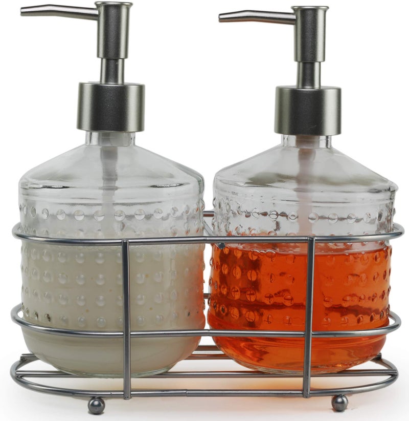 Circleware Circleware 32470 Dispenser Bottle Pumps in Metal Caddy with Brushed Finish Set of 2 Bathroom Accessories Home Decor for Essential Oils Lotions Liquid Soaps 175 oz Nickel Hobnail 