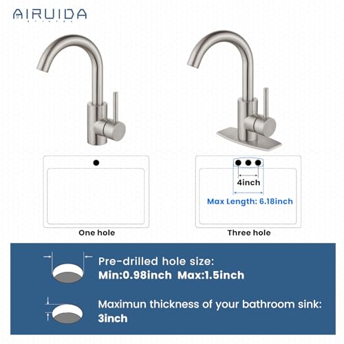 Airuida Bathroom Faucet Single Hole,Stainless Steel 360° Swivel Spout Vanity Sink Faucet with Pop Up Drain and Deck Plate,Single Handle Modern Bar or RV Faucet,Brushed Nickel - Image 3