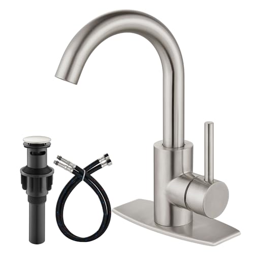 Airuida Bathroom Faucet Single Hole,Stainless Steel 360° Swivel Spout Vanity Sink Faucet with Pop Up Drain and Deck Plate,Single Handle Modern Bar or RV Faucet,Brushed Nickel - Image 1