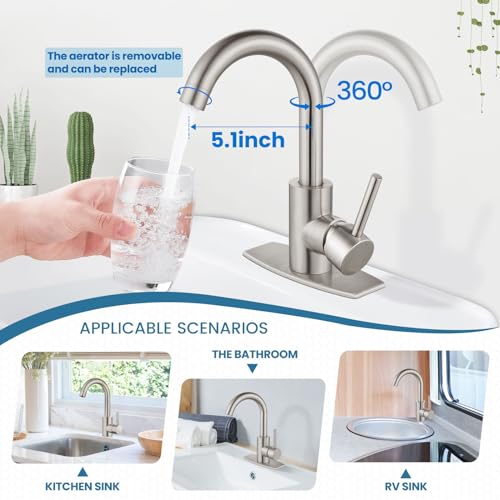 Airuida Bathroom Faucet Single Hole,Stainless Steel 360° Swivel Spout Vanity Sink Faucet with Pop Up Drain and Deck Plate,Single Handle Modern Bar or RV Faucet,Brushed Nickel - Image 2