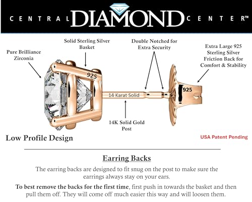 Central Diamond Center 14K Solid Gold Post & Sterling Silver 4 Prong CZ Stud Earrings - Rose Gold Plated - 6.50mm - 2.00cttw - Image 2