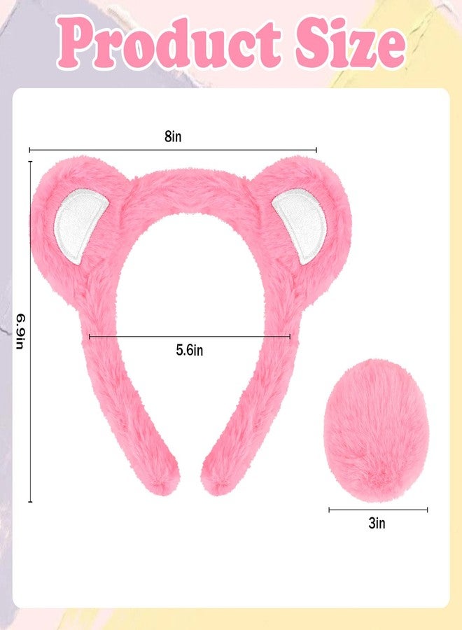 Semato Pink Bear Ears Headband and Tail Set - Animal Pink Bear Ears Costume Heardwear and Tail for Halloween Accessories - Image 2