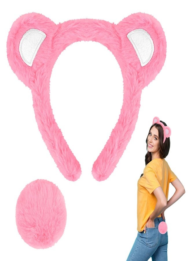 Semato Pink Bear Ears Headband and Tail Set - Animal Pink Bear Ears Costume Heardwear and Tail for Halloween Accessories - Image 1