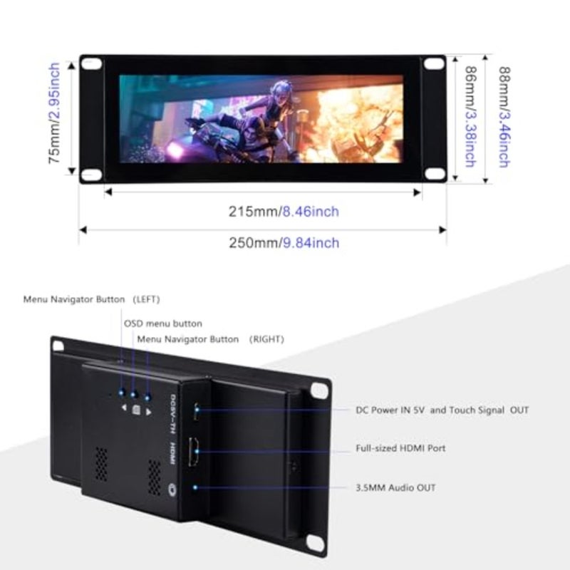 7.84 inch 1280 x 400 Capacitieve Touchscreen LCD Display 2U Rack Mount Monitor for DeskPi RackMate T0/T1/T2 Serverkast - Image 3