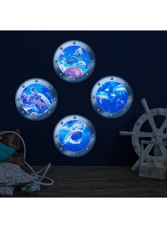 Robmoda 3D Ocean Animals World Wall Stickers Glow in The Dark, 4 Pcs Sharks Turtles Jellyfishs Removable Decals for Kids, Vinyl Stickers for Ceiling (Blue) - Image 1