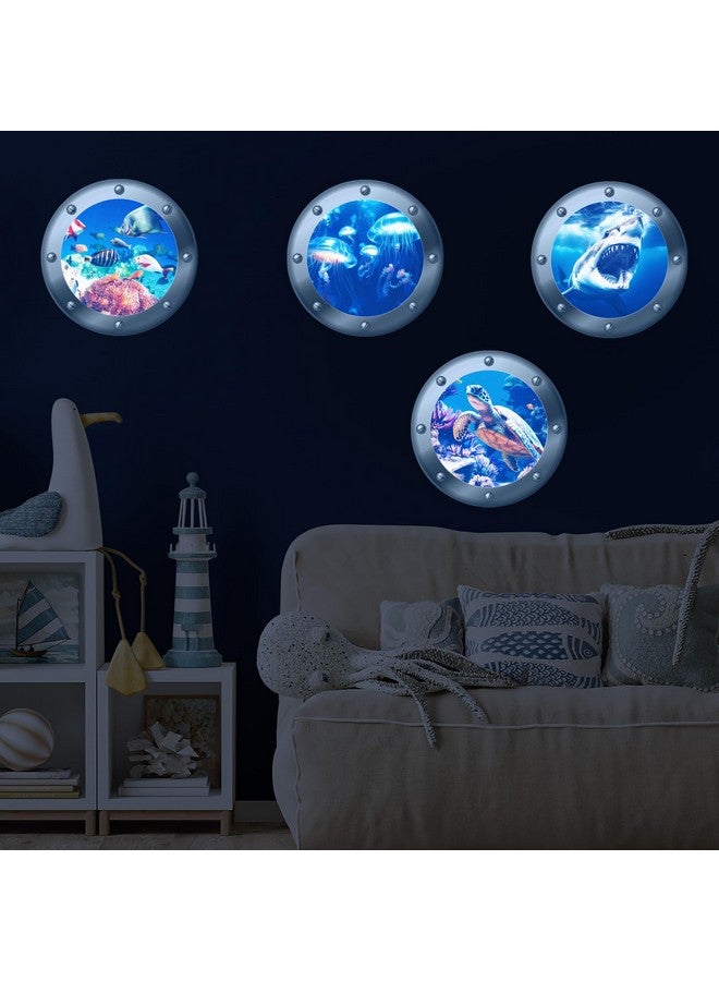 Robmoda 3D Ocean Animals World Wall Stickers Glow in The Dark, 4 Pcs Sharks Turtles Jellyfishs Removable Decals for Kids, Vinyl Stickers for Ceiling (Blue) - Image 2