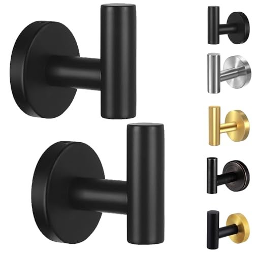 Kruodop Towel Hooks for Bathroom,2 Packs Wall Mount Towel Holder,Black Matte Wall Robe Hook,Stainless Steel Heavy Duty Door Hanger Towel Hook for Kitchen, Bedroom,Hotel,Pool,Coats(Drilling) - Image 1