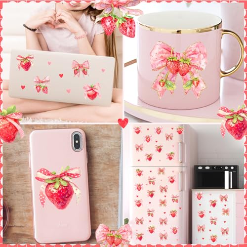 HATARU 90 PCS Strawberry Stickers Berry First Vinyl Decals for Backdrop Baby Girls Birthday Party Supplies Oh Baby Shower Decal for Strawberry Theme Balloon Arch Peel and Stick Bows Sticker Fruit Art Murals - Image 3